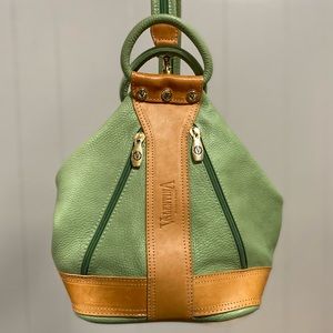Valentina Green and tan leather backpack/bucket bag with removable straps.